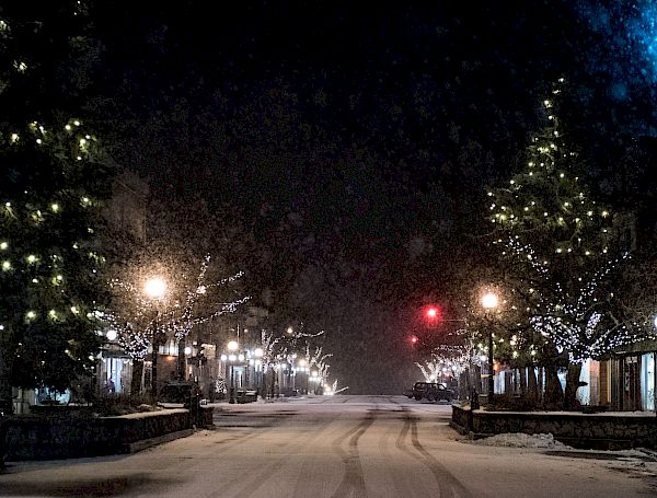 Baker Street At Night, Trees Alight, Fresh Snow